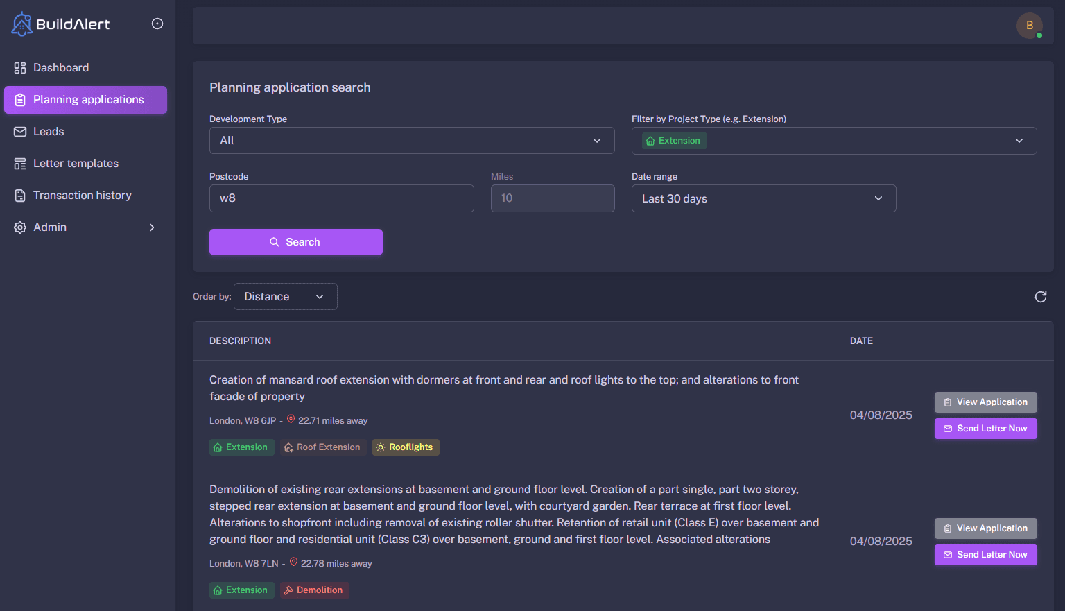 BuildAlert filters showing groundwork opportunities-extensions, new builds, garden rooms and dropped kerbs