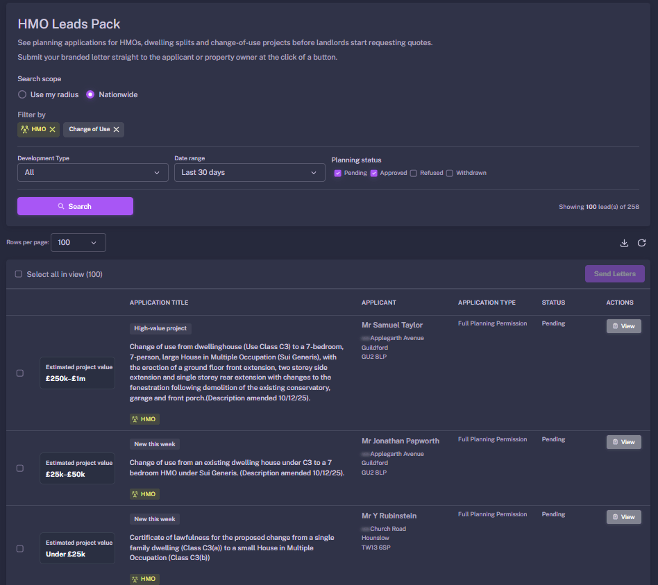 BuildAlert HMO Leads Pack filters showing HMO and change of use planning applications
