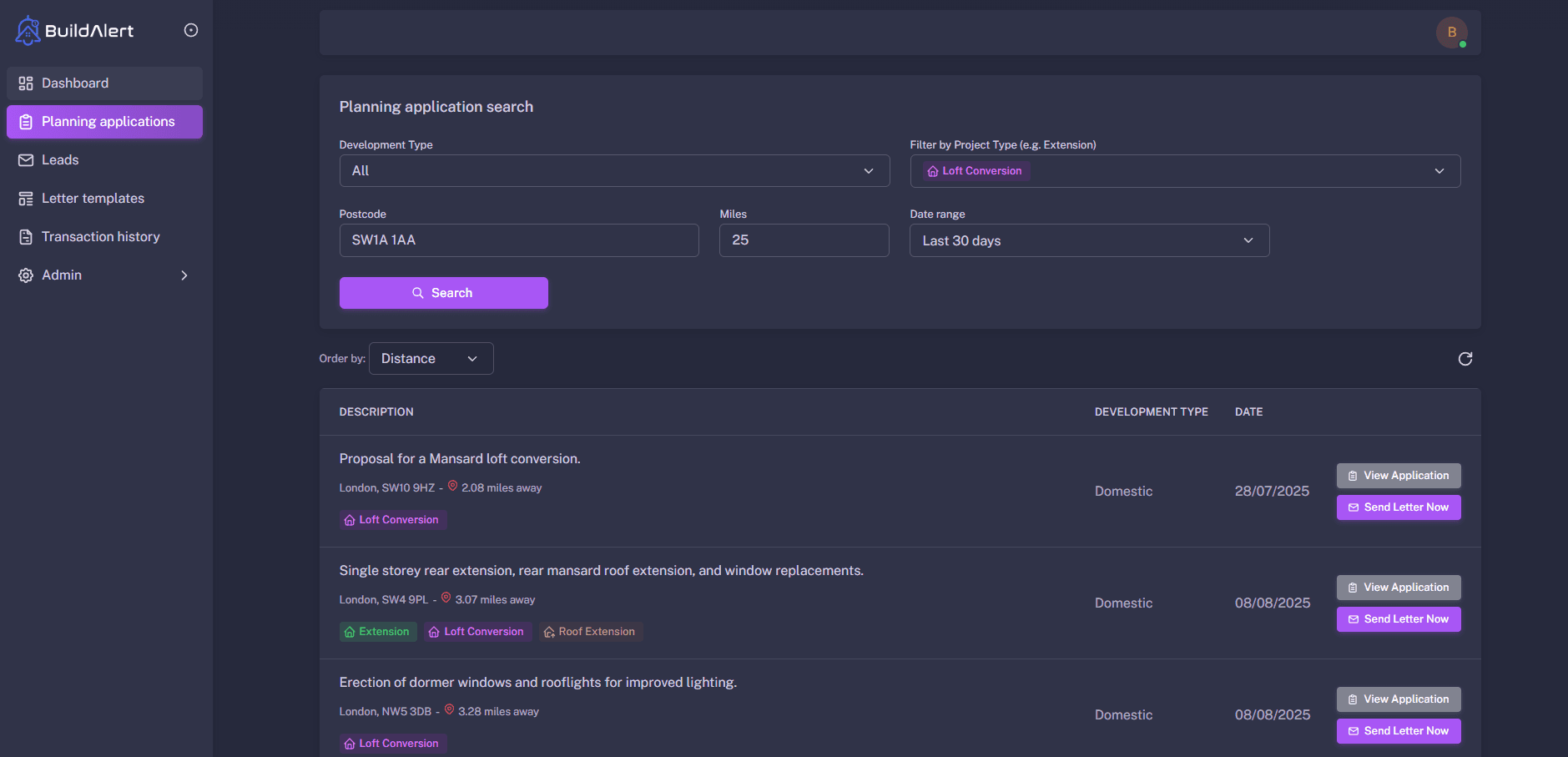 Loft conversion planning applications in Central London - BuildAlert dashboard