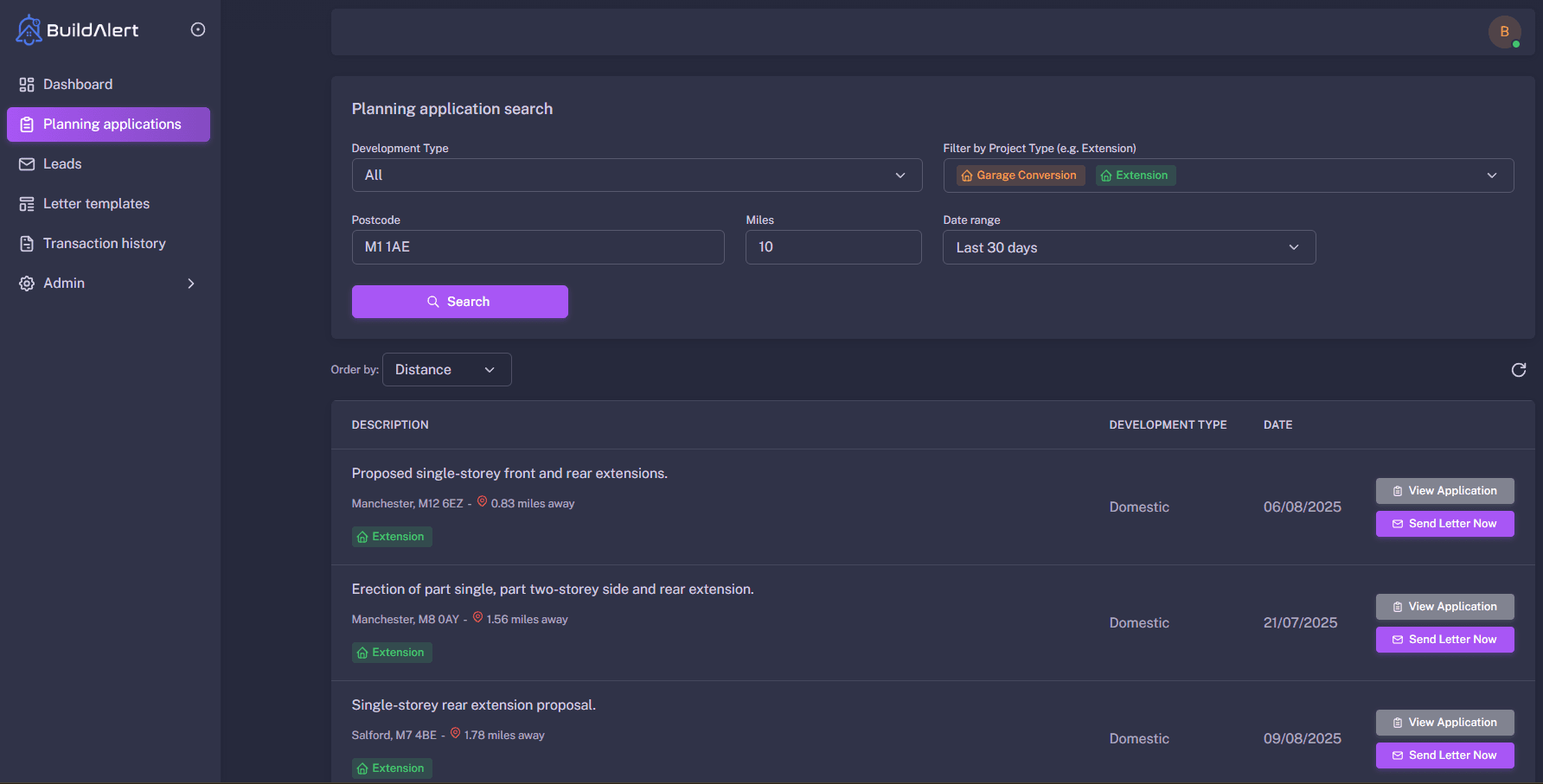 Kitchen extension planning applications in Manchester - BuildAlert dashboard