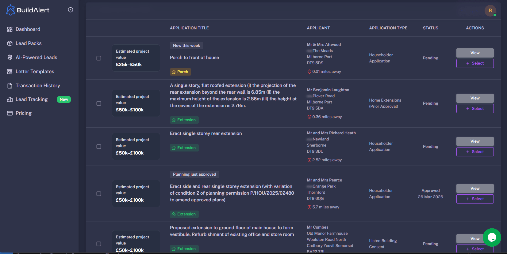 BuildAlert dashboard showing planning application leads