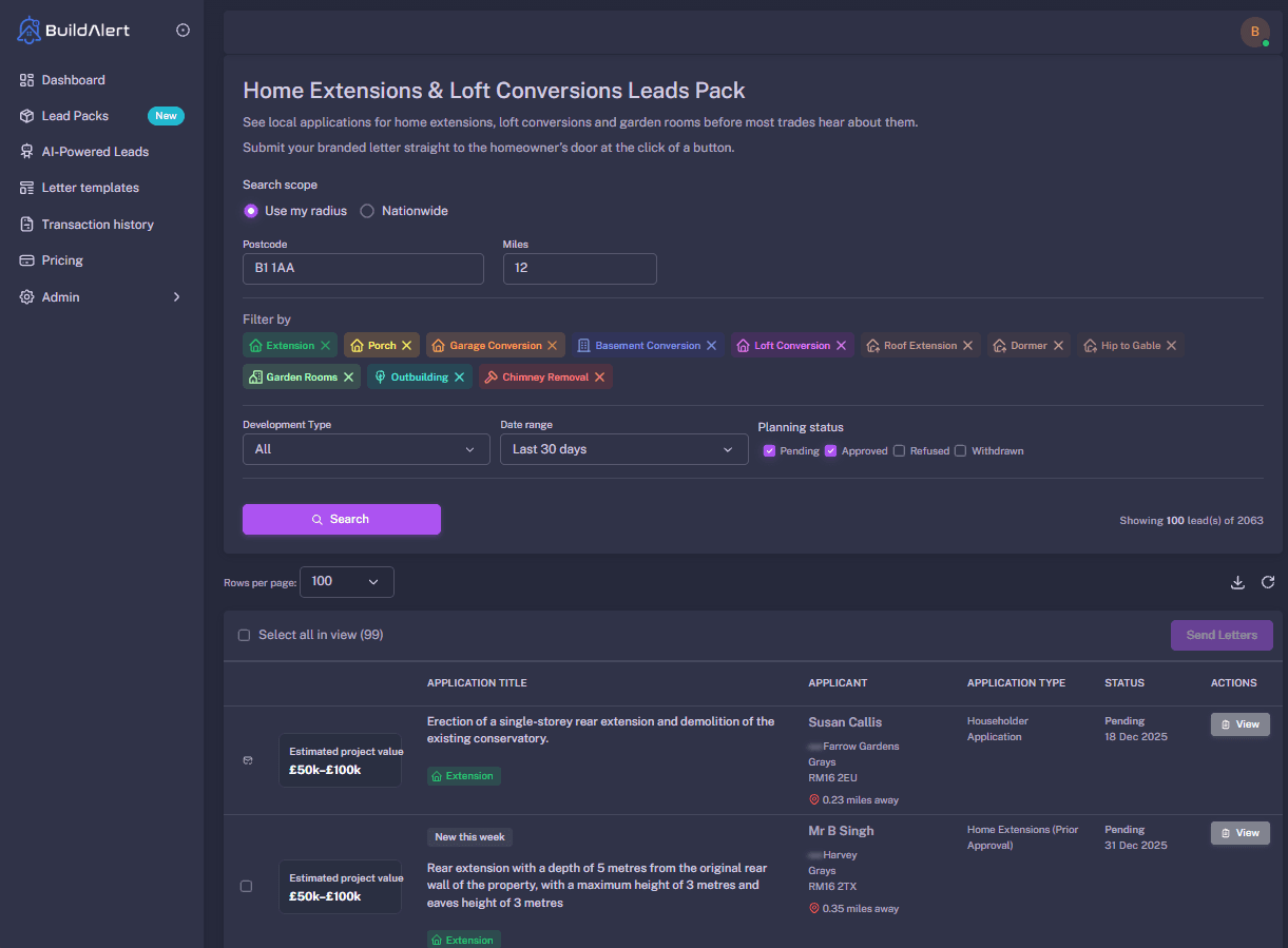 BuildAlert dashboard showing live construction leads in Birmingham