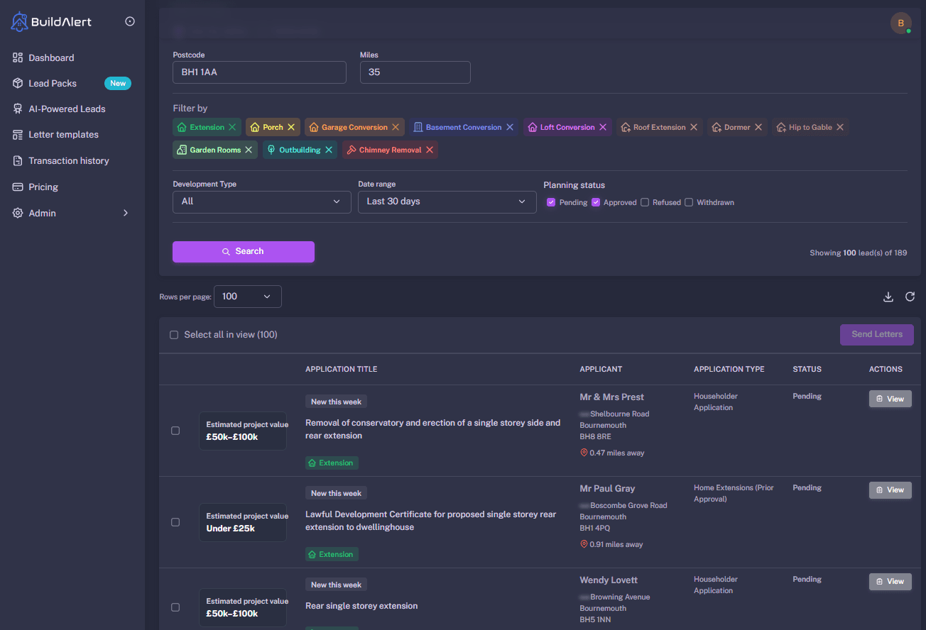 BuildAlert dashboard showing live construction leads in Dorset including Bournemouth and Poole