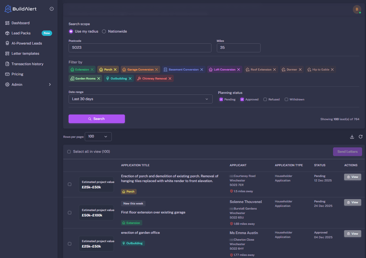 BuildAlert dashboard showing live construction leads across Hampshire including Winchester and Southampton