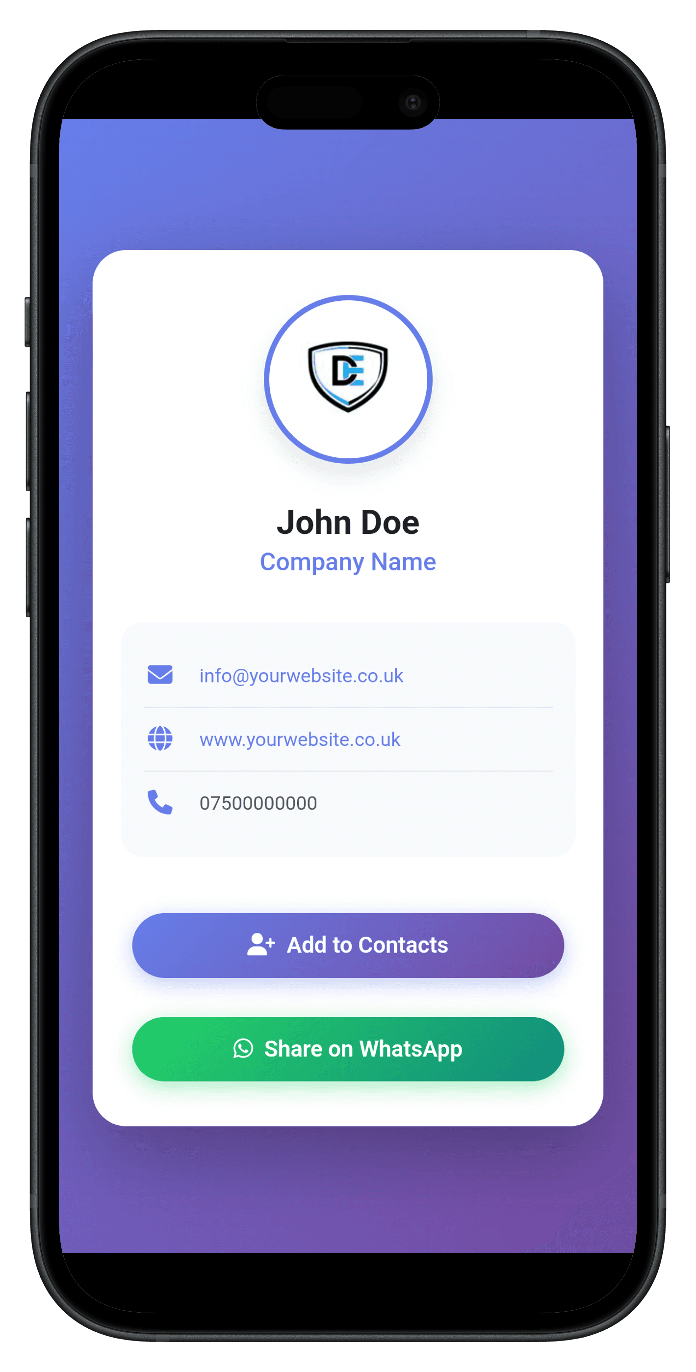 Smartphone showing builder business profile after QR scan