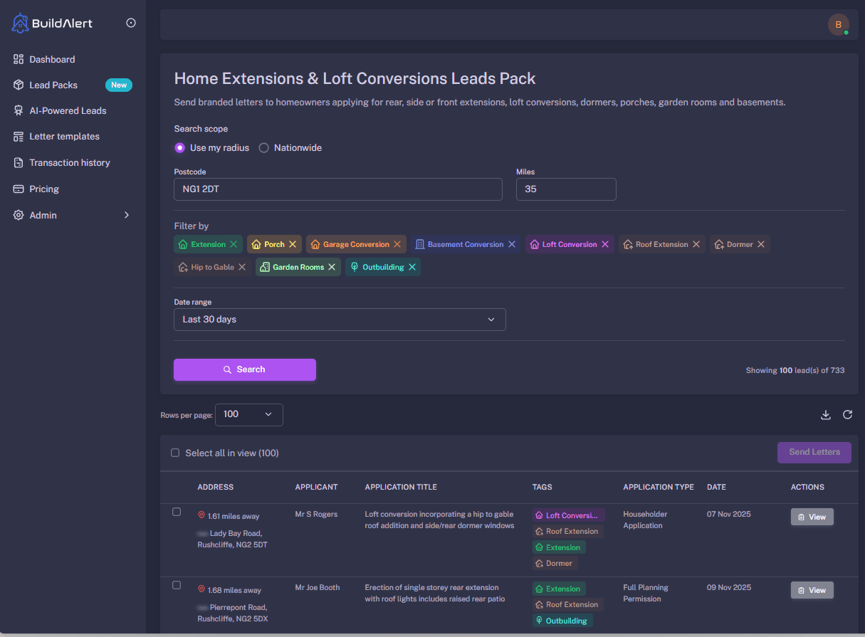 BuildAlert dashboard showing live construction leads in Nottinghamshire, including Nottingham, Mansfield and Newark
