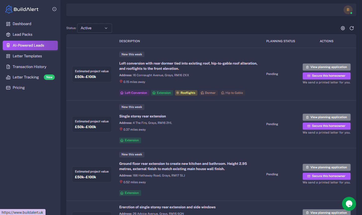 Dashboard showing loft conversion and extension scaffolding leads