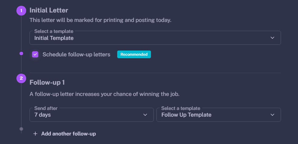 Schedule follow-up letters dialog showing timeline with initial letter and follow-up options