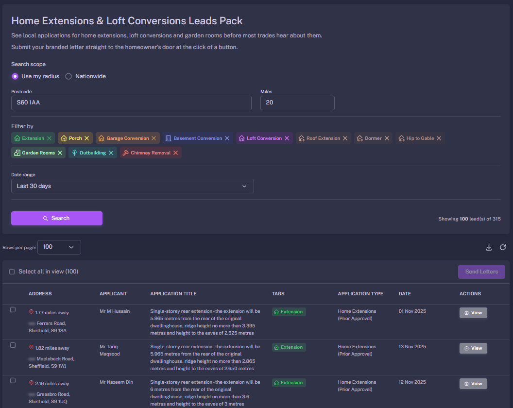 BuildAlert dashboard showing live construction leads in South Yorkshire, including Sheffield, Doncaster, Rotherham and Barnsley planning applications