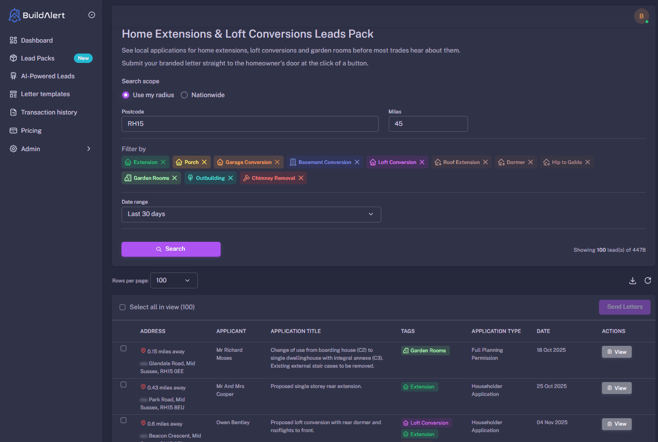 BuildAlert dashboard showing live construction leads in Sussex, including Brighton, Crawley and Chichester planning applications