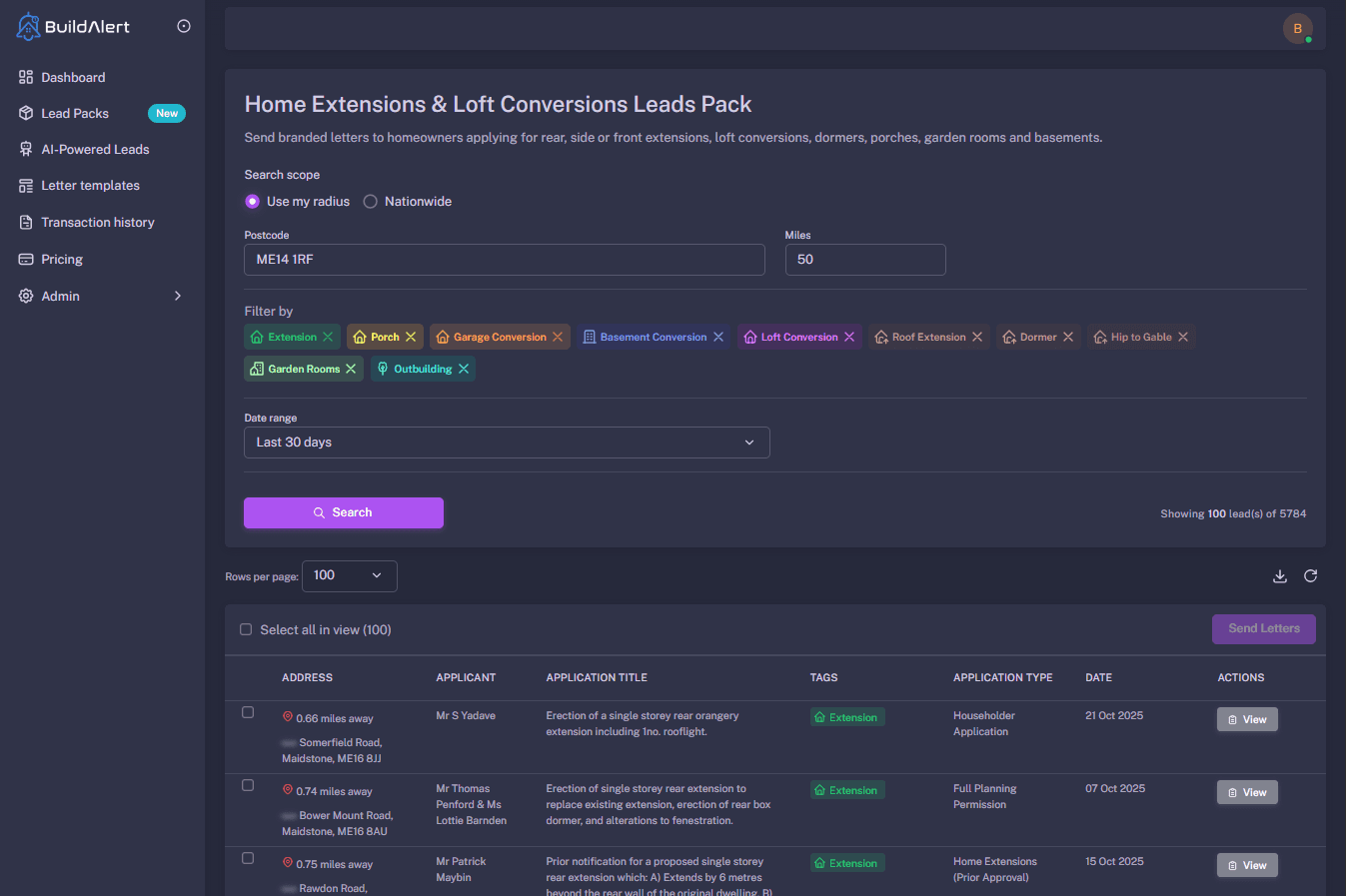 BuildAlert dashboard showing live construction leads in Kent, including Maidstone and Canterbury
